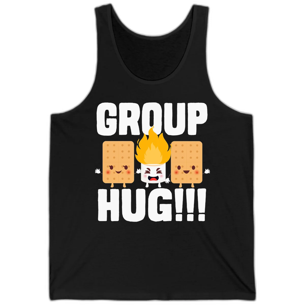 Illustration of two smiling graham crackers and a flaming marshmallow hugging under the text 'GROUP HUG' celebrating s'mores togetherness. in Black