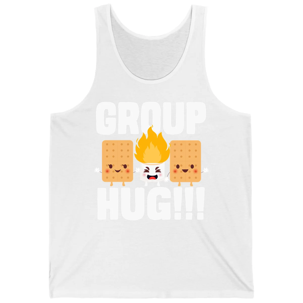 Illustration of two smiling graham crackers and a flaming marshmallow hugging under the text 'GROUP HUG' celebrating s'mores togetherness. in White