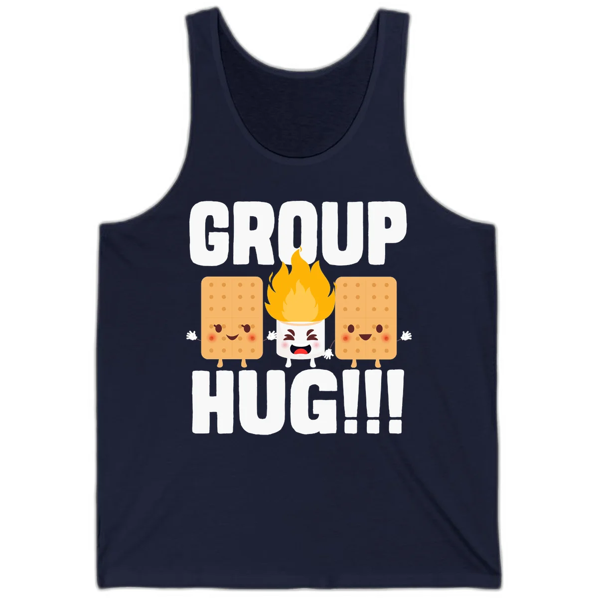 Illustration of two smiling graham crackers and a flaming marshmallow hugging under the text 'GROUP HUG' celebrating s'mores togetherness. in Navy