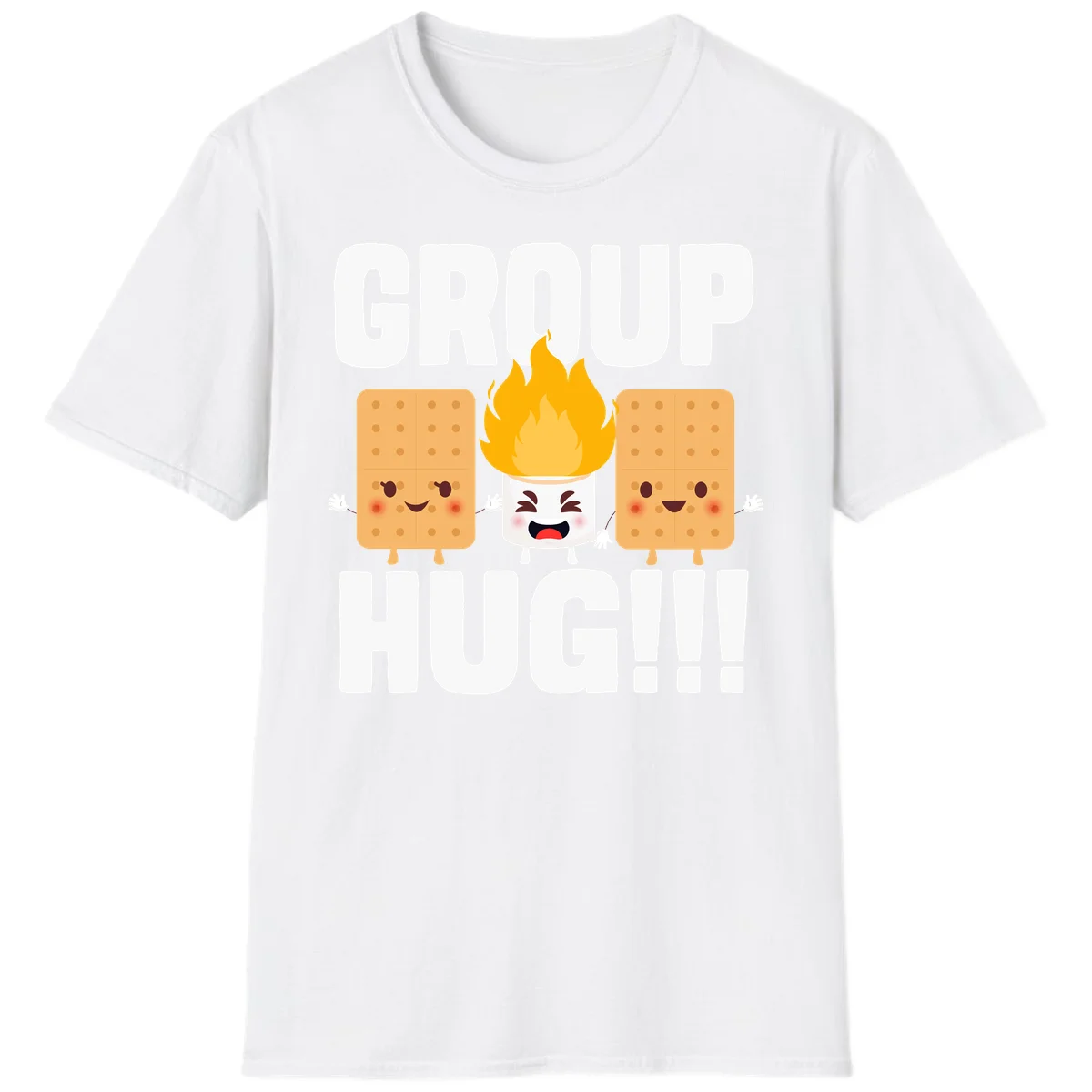 Illustration of two smiling graham crackers and a flaming marshmallow hugging under the text 'GROUP HUG' celebrating s'mores togetherness. in White