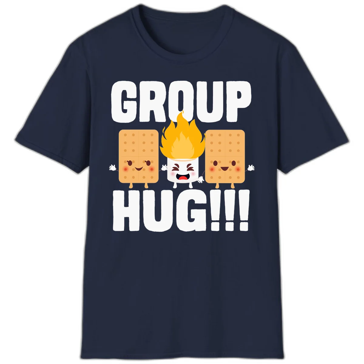 Illustration of two smiling graham crackers and a flaming marshmallow hugging under the text 'GROUP HUG' celebrating s'mores togetherness. in Navy