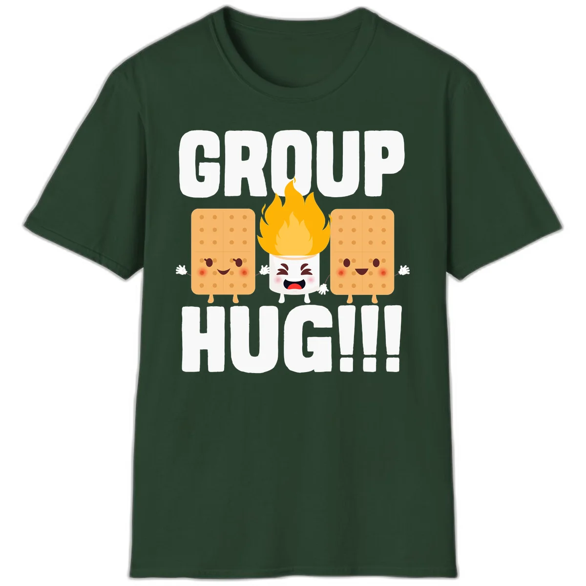 Illustration of two smiling graham crackers and a flaming marshmallow hugging under the text 'GROUP HUG' celebrating s'mores togetherness. in Forest Green
