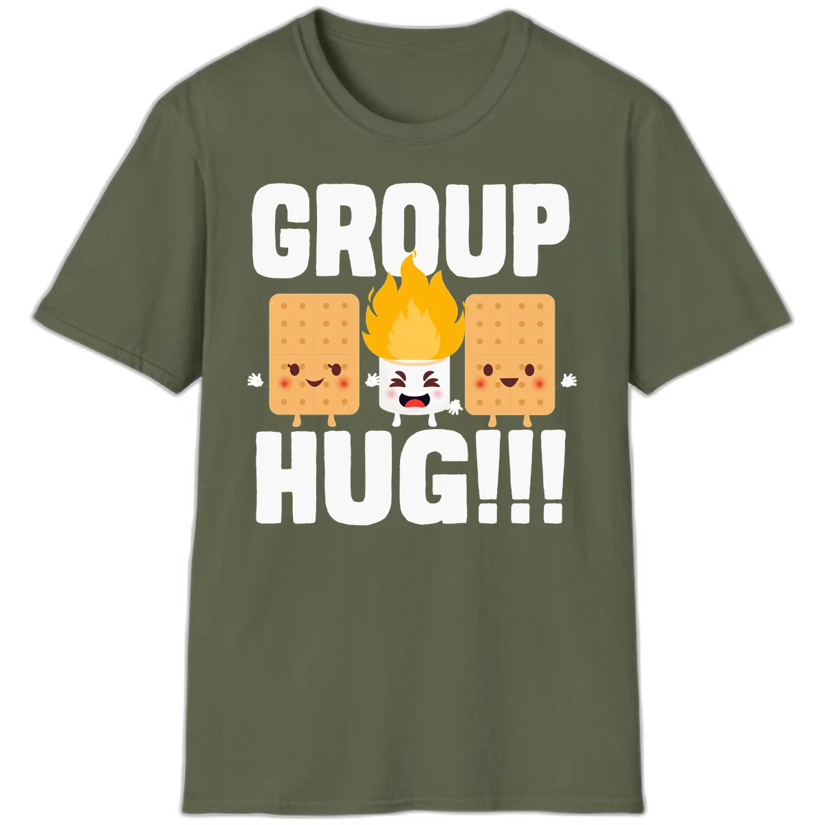 Illustration of two smiling graham crackers and a flaming marshmallow hugging under the text 'GROUP HUG' celebrating s'mores togetherness. in Military Green