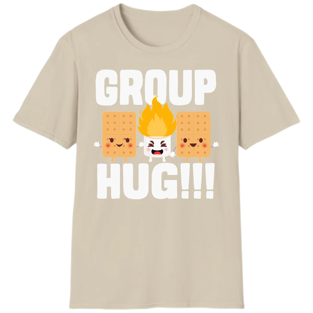 Illustration of two smiling graham crackers and a flaming marshmallow hugging under the text 'GROUP HUG' celebrating s'mores togetherness. in Sand