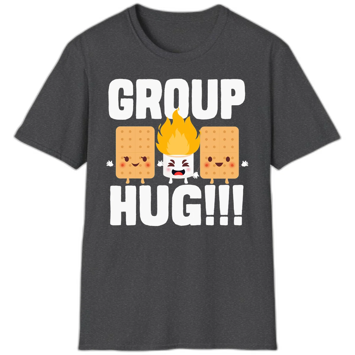 Illustration of two smiling graham crackers and a flaming marshmallow hugging under the text 'GROUP HUG' celebrating s'mores togetherness. in Dark Heather
