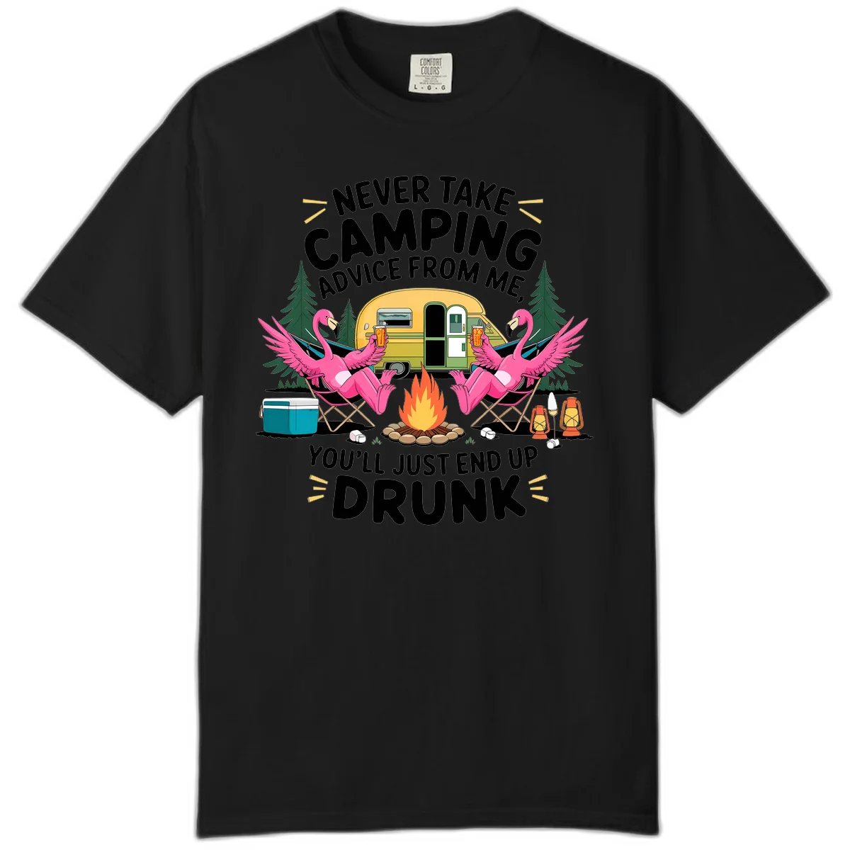 Humorous camping illustration with two pink flamingos drinking beer by a campfire next to a vintage trailer, warning never to take camping advice in Black