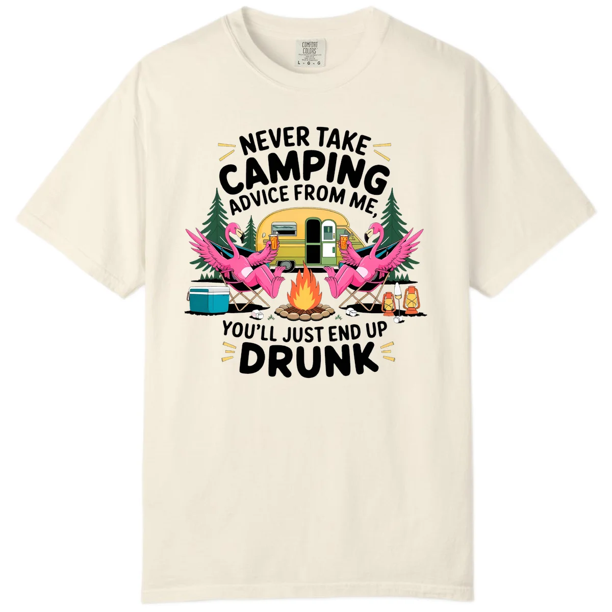 Humorous camping illustration with two pink flamingos drinking beer by a campfire next to a vintage trailer, warning never to take camping advice in Ivory