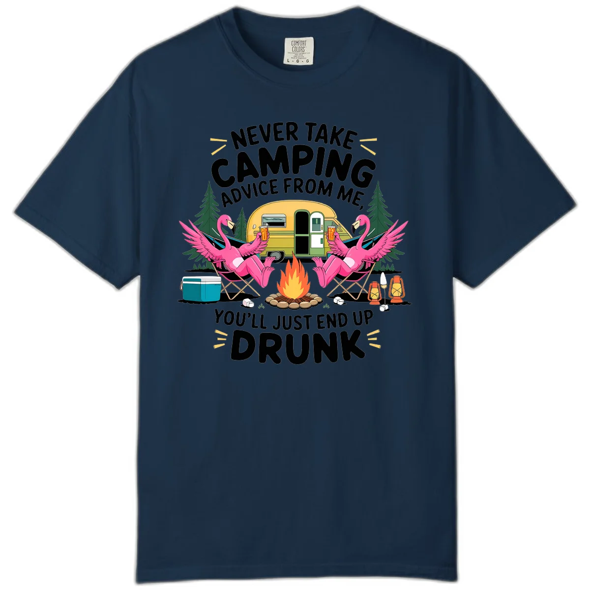 Humorous camping illustration with two pink flamingos drinking beer by a campfire next to a vintage trailer, warning never to take camping advice in True Navy