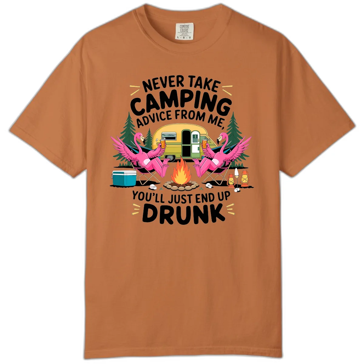 Humorous camping illustration with two pink flamingos drinking beer by a campfire next to a vintage trailer, warning never to take camping advice in Yam