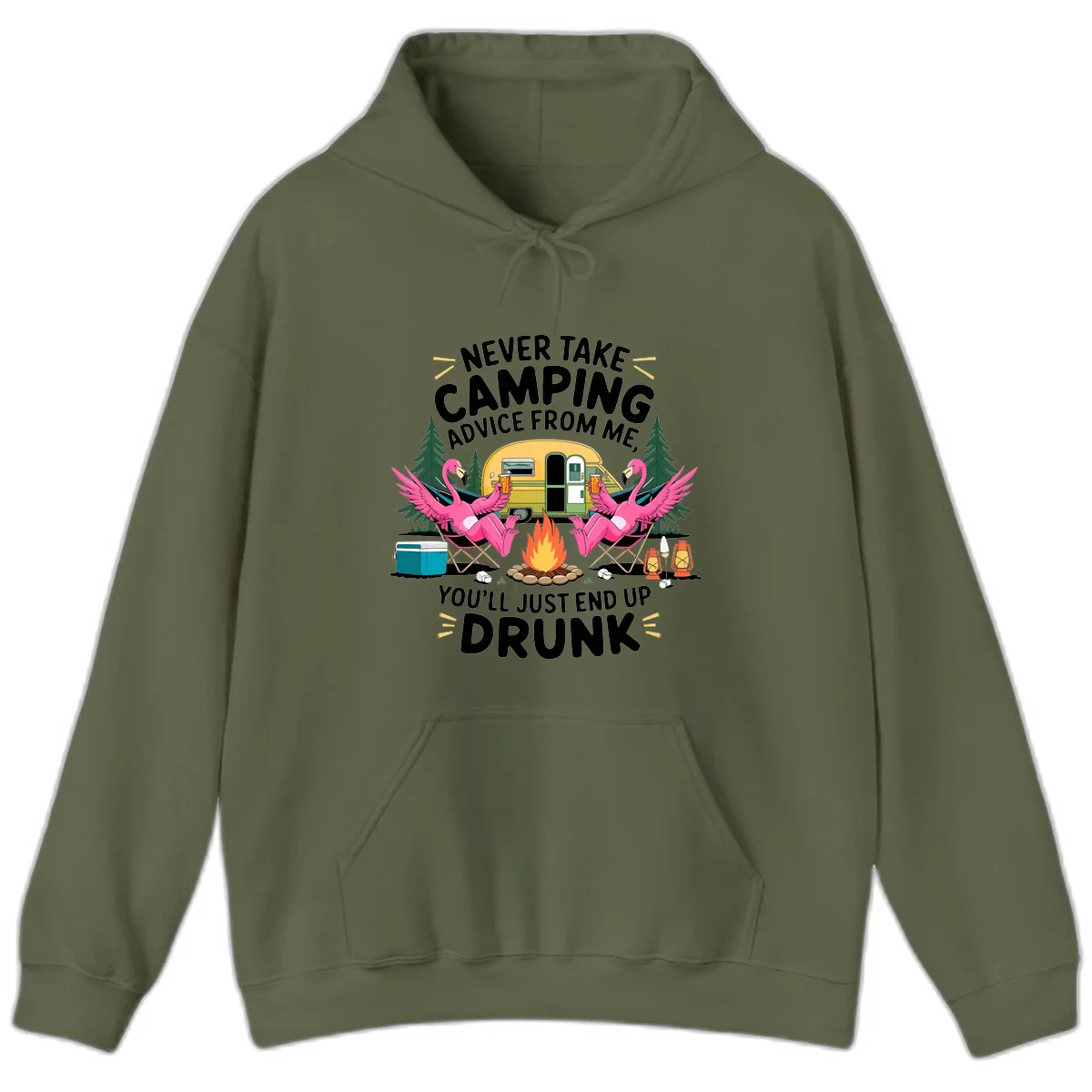 Humorous camping illustration with two pink flamingos drinking beer by a campfire next to a vintage trailer, warning never to take camping advice in Military Green