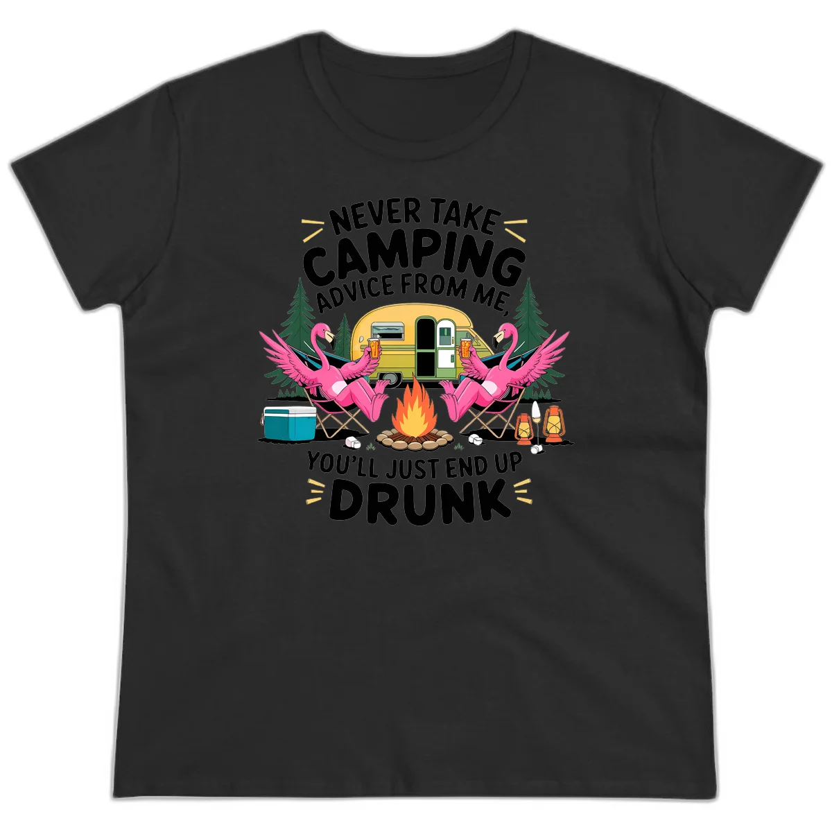 Humorous camping illustration with two pink flamingos drinking beer by a campfire next to a vintage trailer, warning never to take camping advice in Black