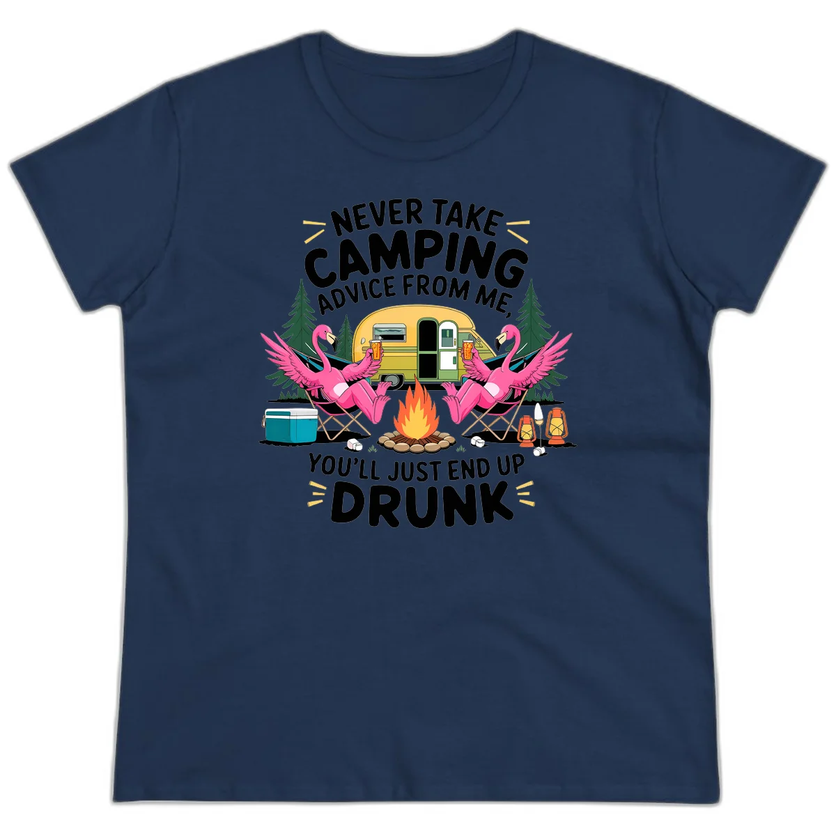 Humorous camping illustration with two pink flamingos drinking beer by a campfire next to a vintage trailer, warning never to take camping advice in Navy