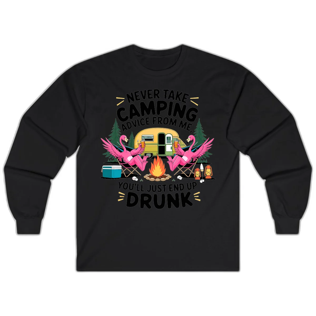Humorous camping illustration with two pink flamingos drinking beer by a campfire next to a vintage trailer, warning never to take camping advice in Black