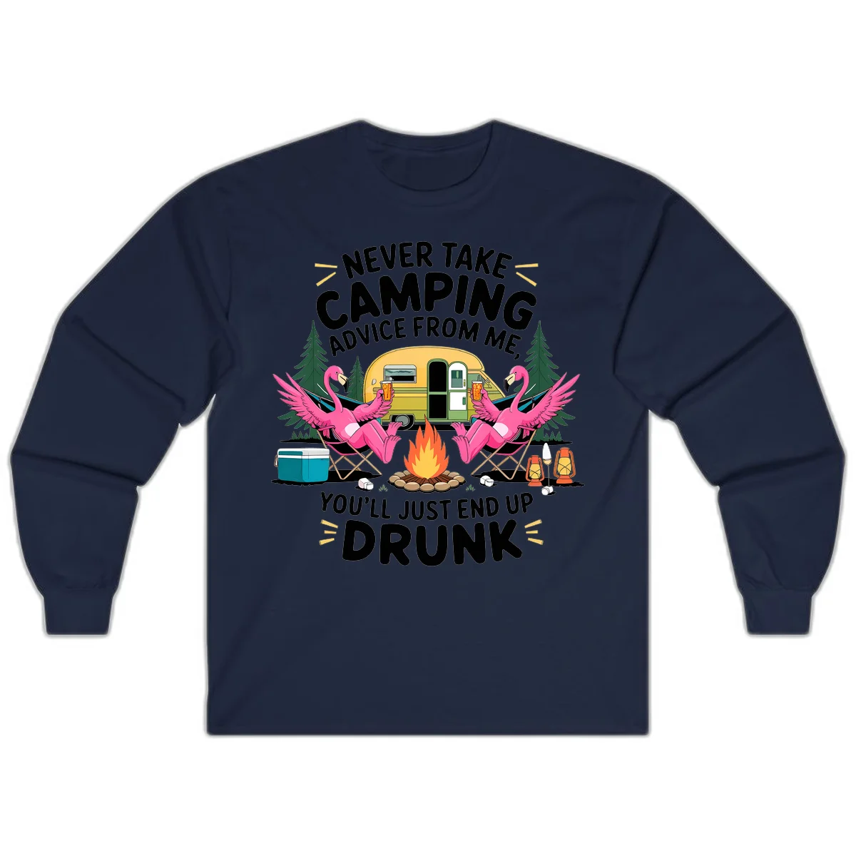 Humorous camping illustration with two pink flamingos drinking beer by a campfire next to a vintage trailer, warning never to take camping advice in Navy