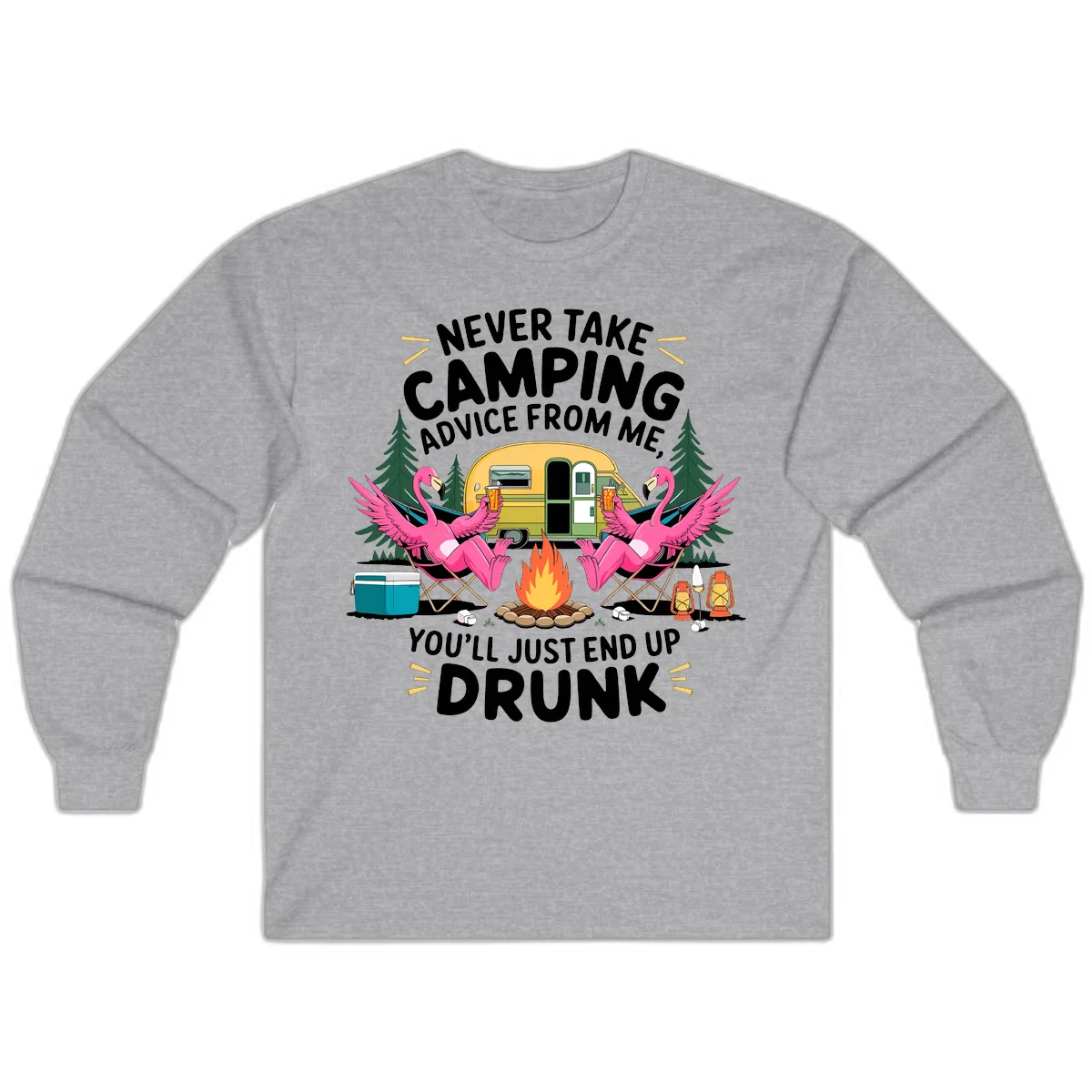 Humorous camping illustration with two pink flamingos drinking beer by a campfire next to a vintage trailer, warning never to take camping advice in Sport Grey