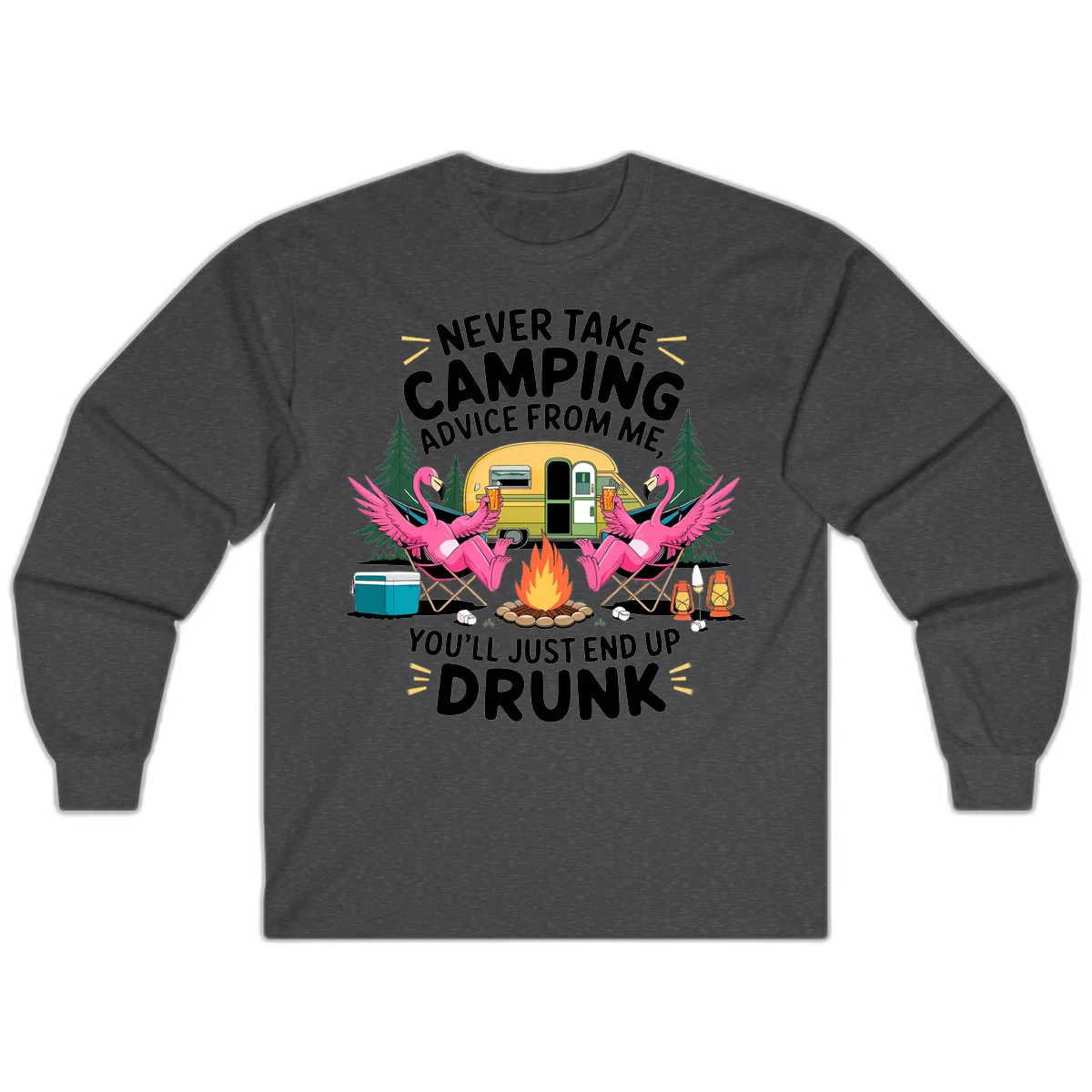 Humorous camping illustration with two pink flamingos drinking beer by a campfire next to a vintage trailer, warning never to take camping advice in Dark Heather