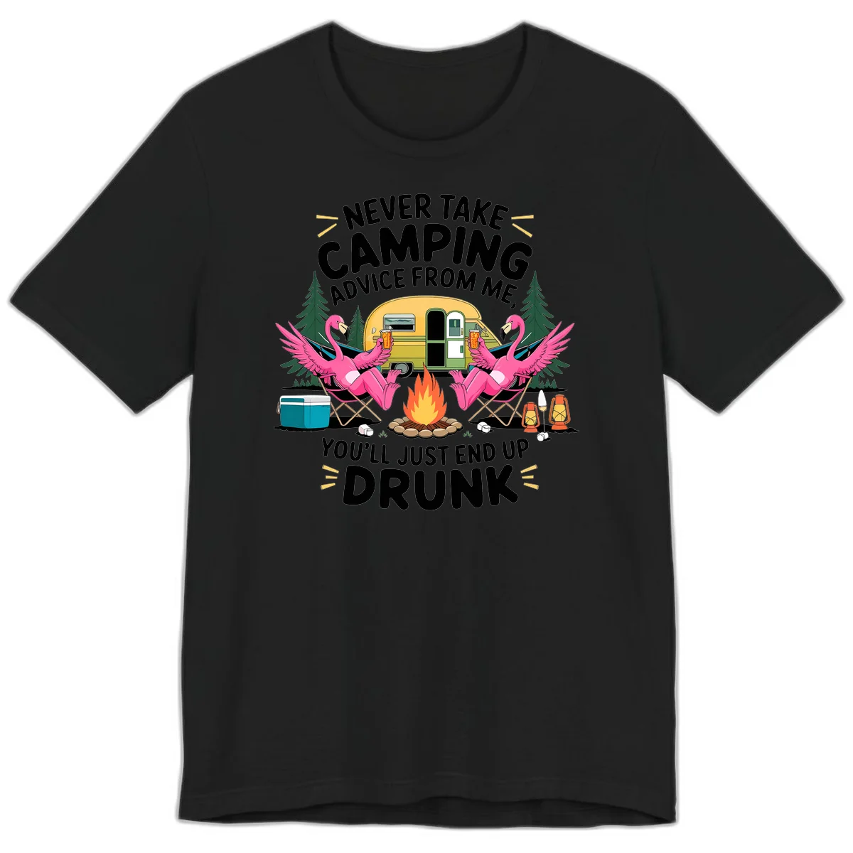 Humorous camping illustration with two pink flamingos drinking beer by a campfire next to a vintage trailer, warning never to take camping advice in Black