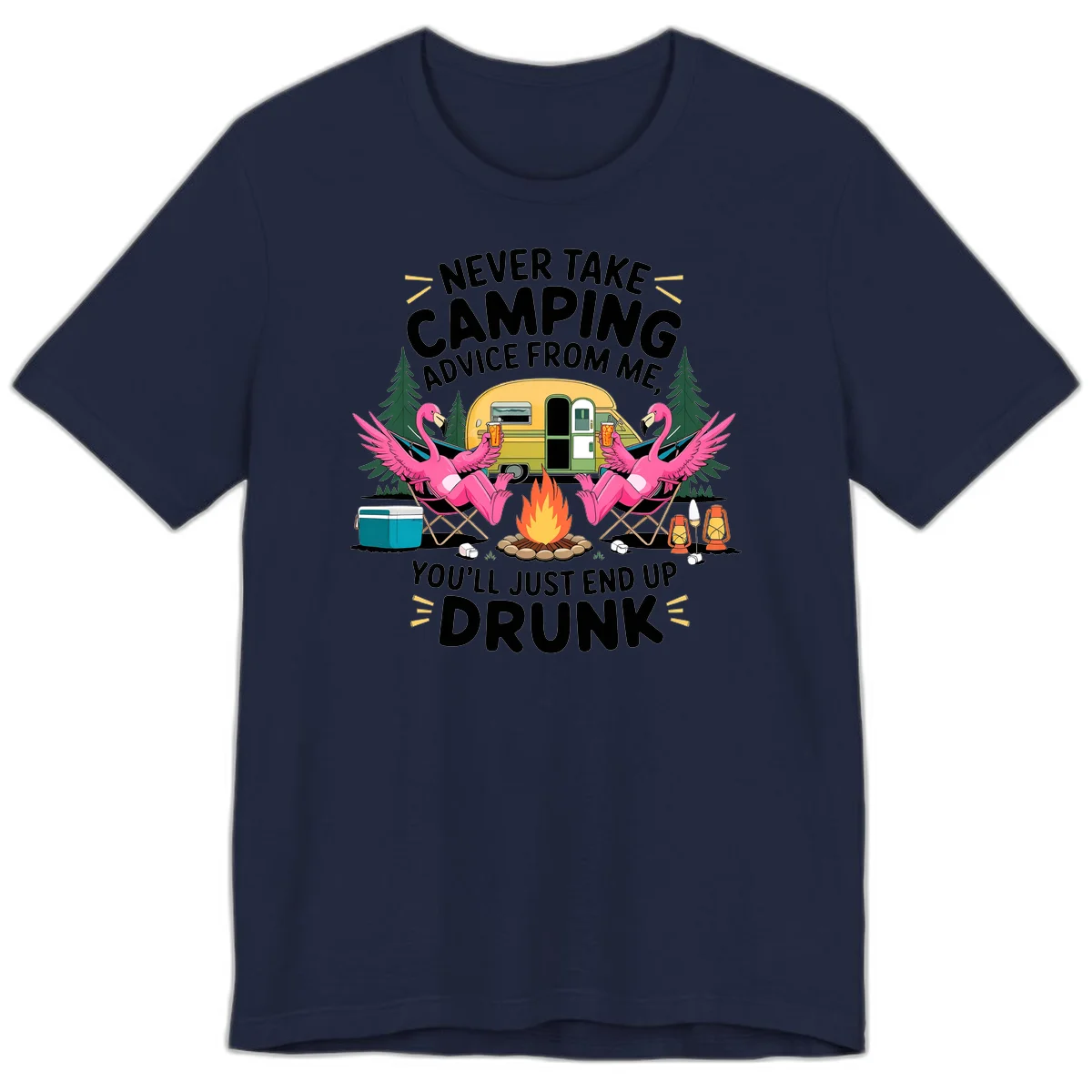 Humorous camping illustration with two pink flamingos drinking beer by a campfire next to a vintage trailer, warning never to take camping advice in Navy