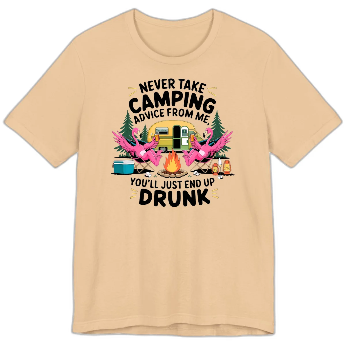 Humorous camping illustration with two pink flamingos drinking beer by a campfire next to a vintage trailer, warning never to take camping advice in Sand Dune