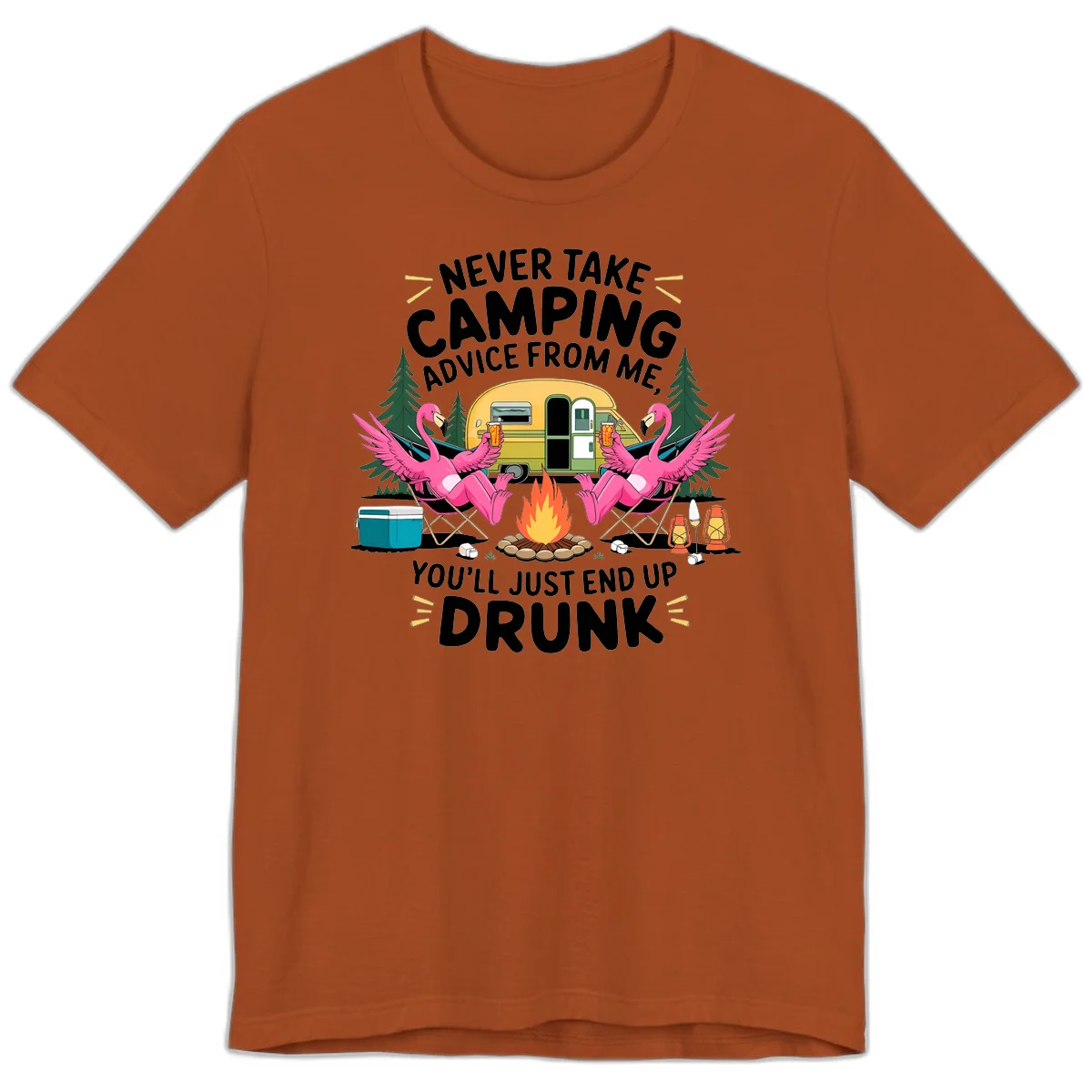 Humorous camping illustration with two pink flamingos drinking beer by a campfire next to a vintage trailer, warning never to take camping advice in Autumn