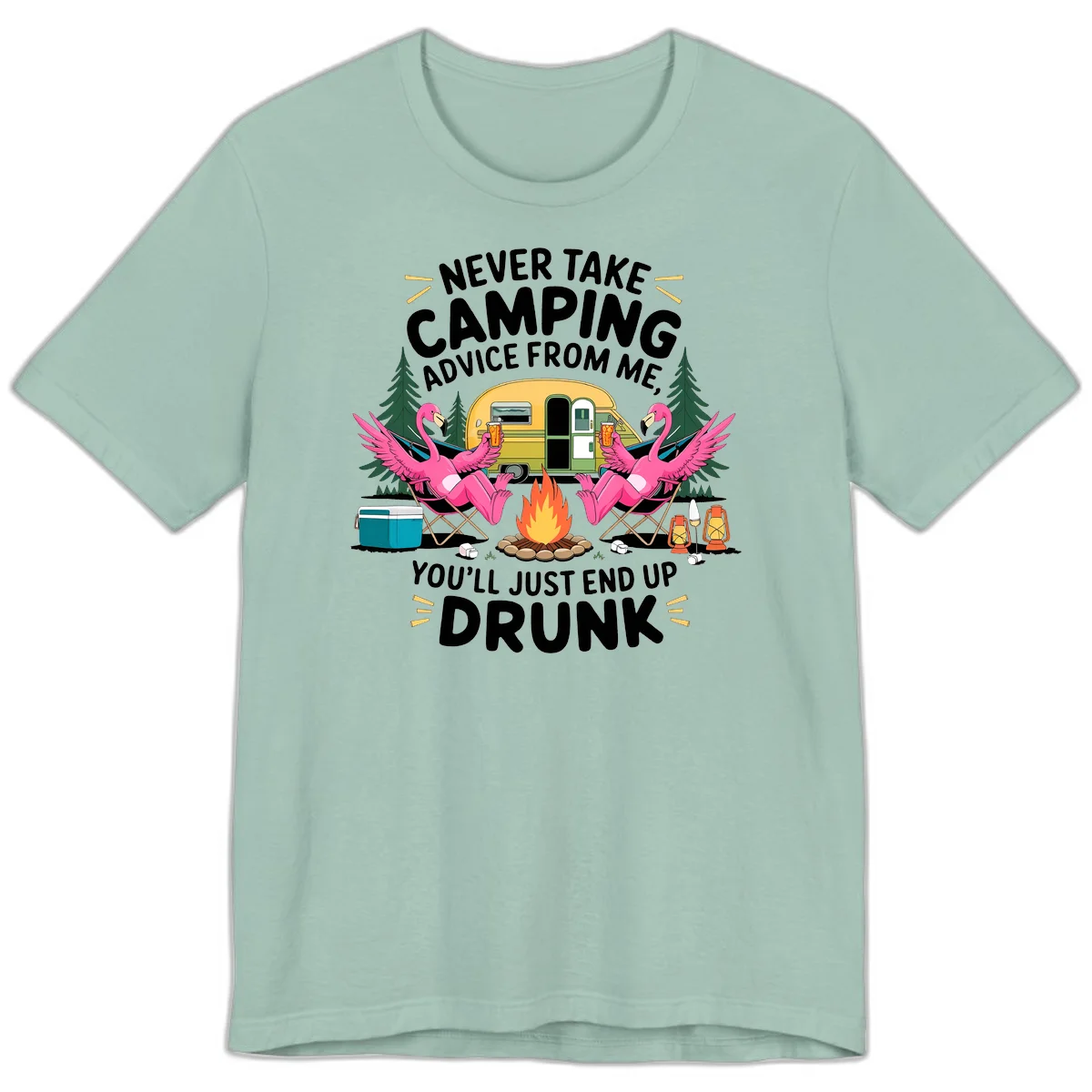 Humorous camping illustration with two pink flamingos drinking beer by a campfire next to a vintage trailer, warning never to take camping advice in Dusty Blue