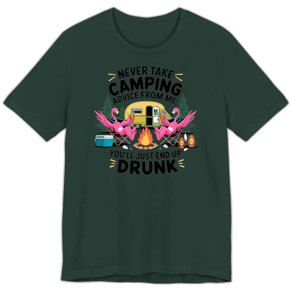 Humorous camping illustration with two pink flamingos drinking beer by a campfire next to a vintage trailer, warning never to take camping advice in Forest