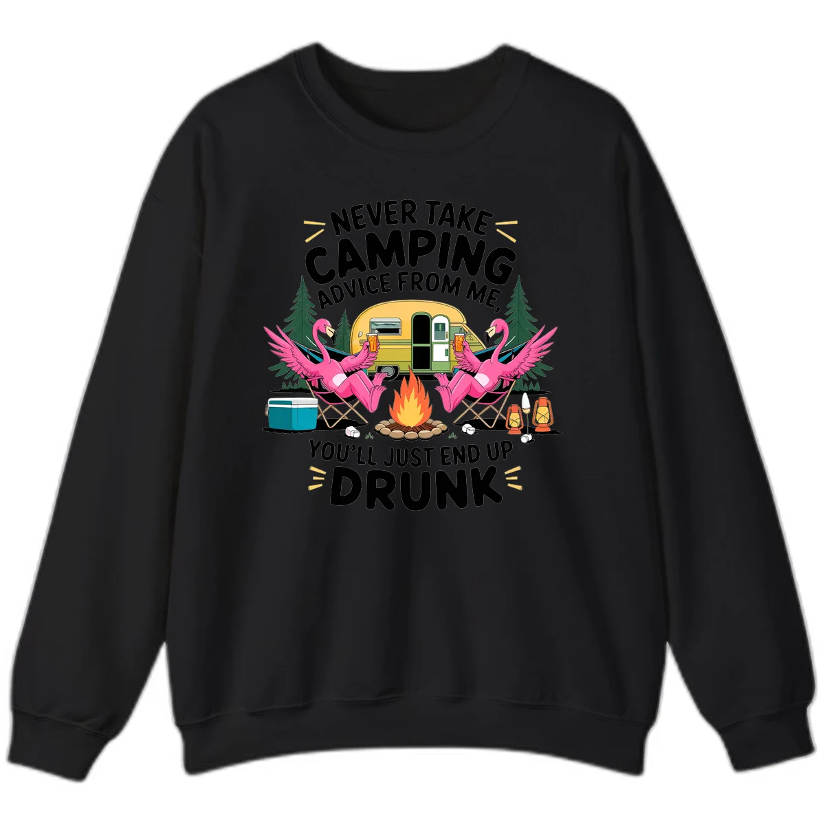 Humorous camping illustration with two pink flamingos drinking beer by a campfire next to a vintage trailer, warning never to take camping advice in Black