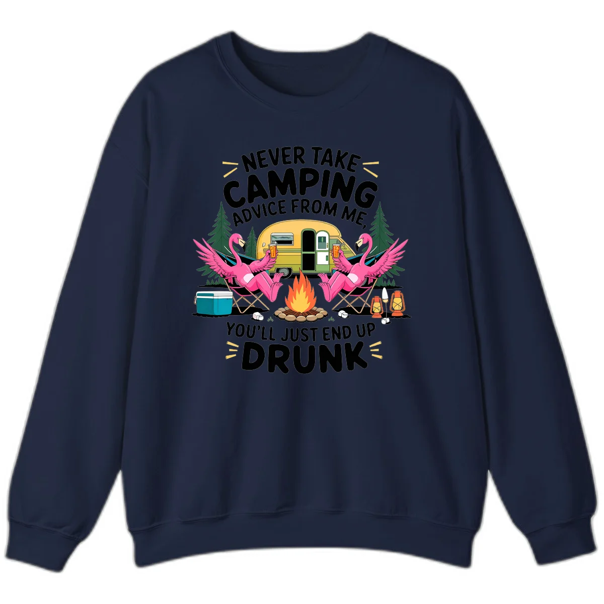 Humorous camping illustration with two pink flamingos drinking beer by a campfire next to a vintage trailer, warning never to take camping advice in Navy