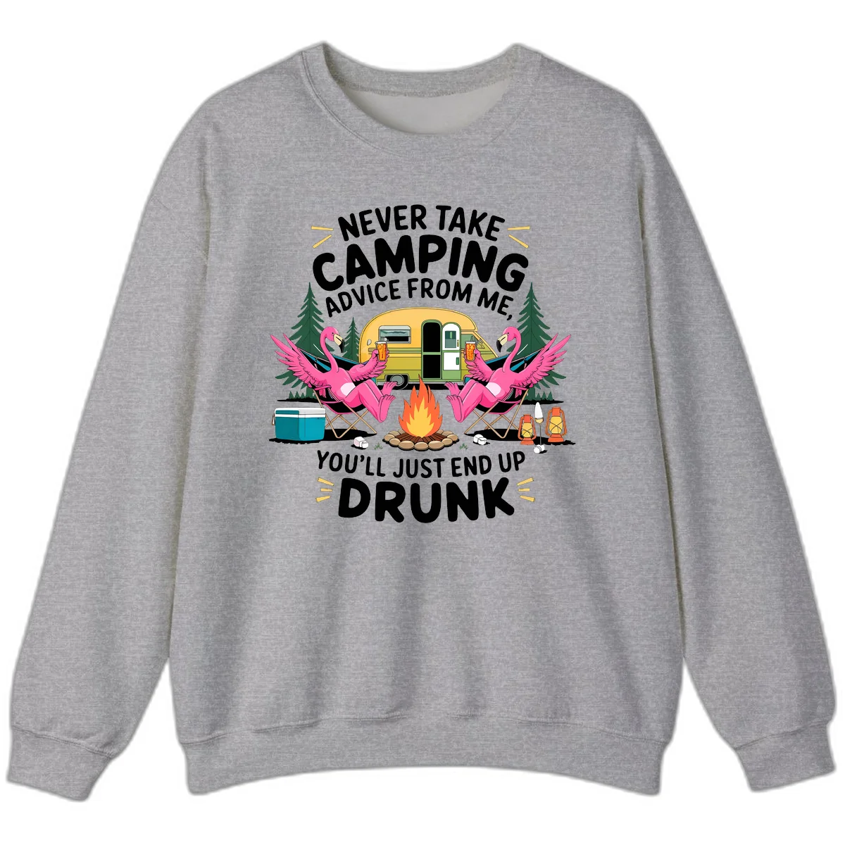 Humorous camping illustration with two pink flamingos drinking beer by a campfire next to a vintage trailer, warning never to take camping advice in Sport Grey