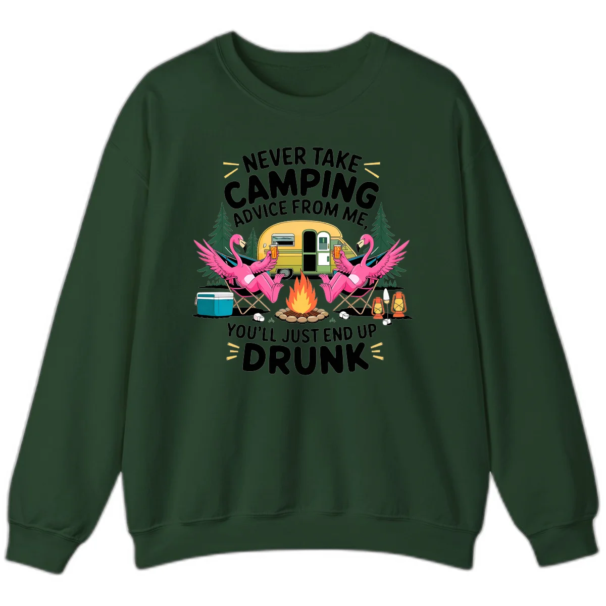 Humorous camping illustration with two pink flamingos drinking beer by a campfire next to a vintage trailer, warning never to take camping advice in Forest Green