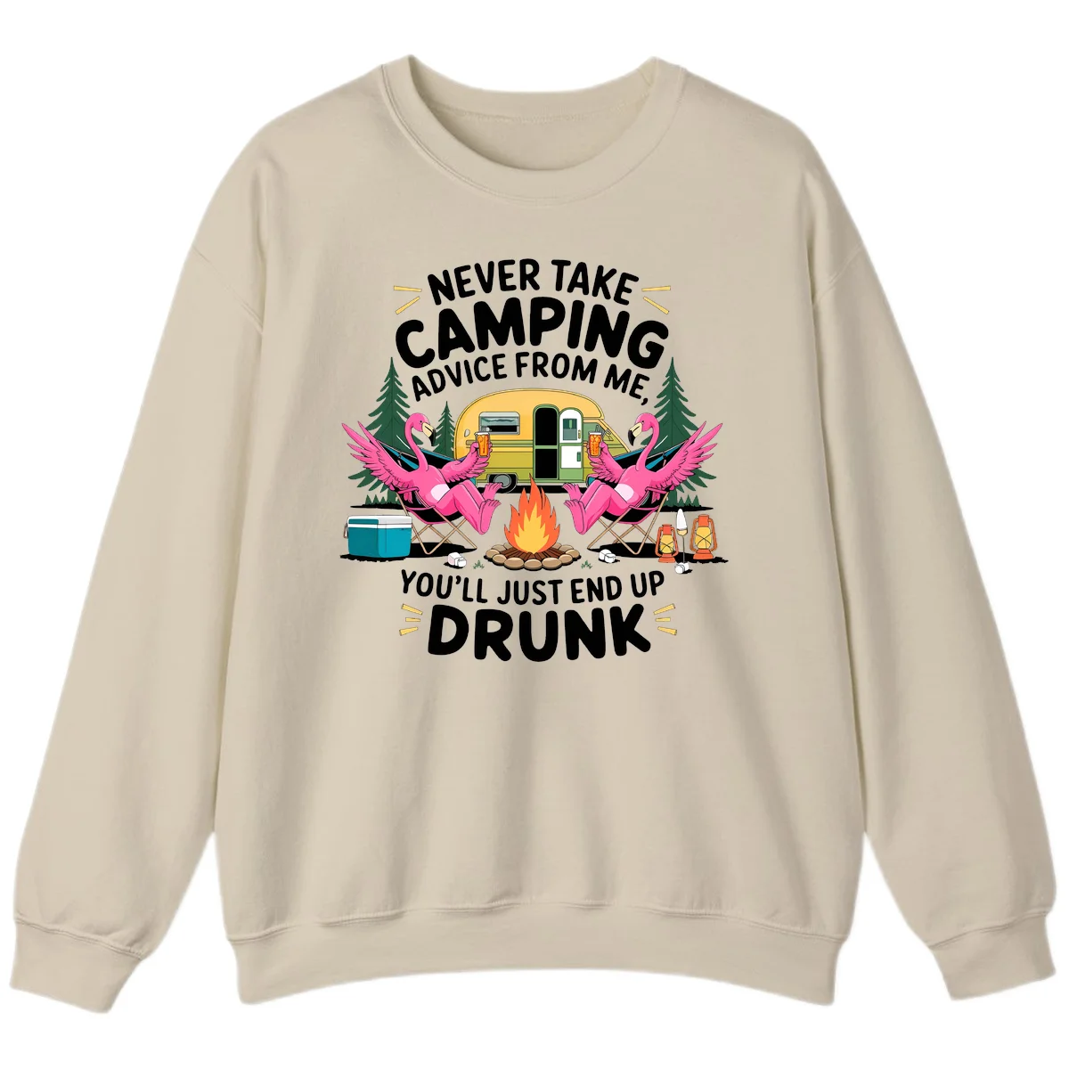 Humorous camping illustration with two pink flamingos drinking beer by a campfire next to a vintage trailer, warning never to take camping advice in Sand