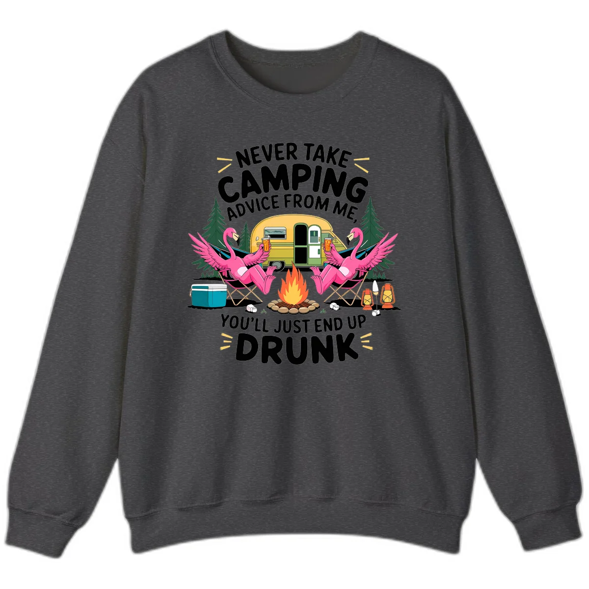 Humorous camping illustration with two pink flamingos drinking beer by a campfire next to a vintage trailer, warning never to take camping advice in Dark Heather