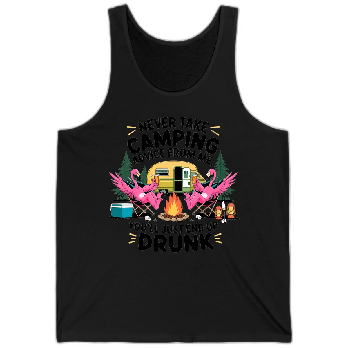 Humorous camping illustration with two pink flamingos drinking beer by a campfire next to a vintage trailer, warning never to take camping advice in Black