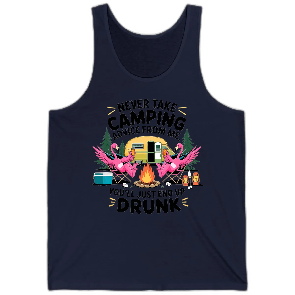 Humorous camping illustration with two pink flamingos drinking beer by a campfire next to a vintage trailer, warning never to take camping advice in Navy