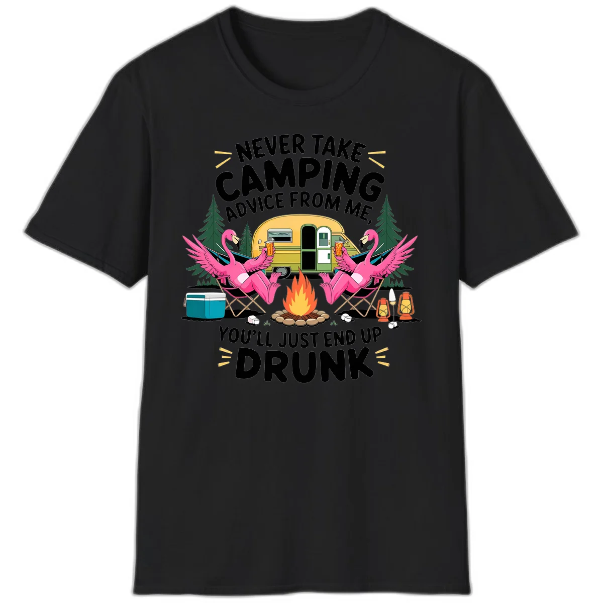 Humorous camping illustration with two pink flamingos drinking beer by a campfire next to a vintage trailer, warning never to take camping advice in Black