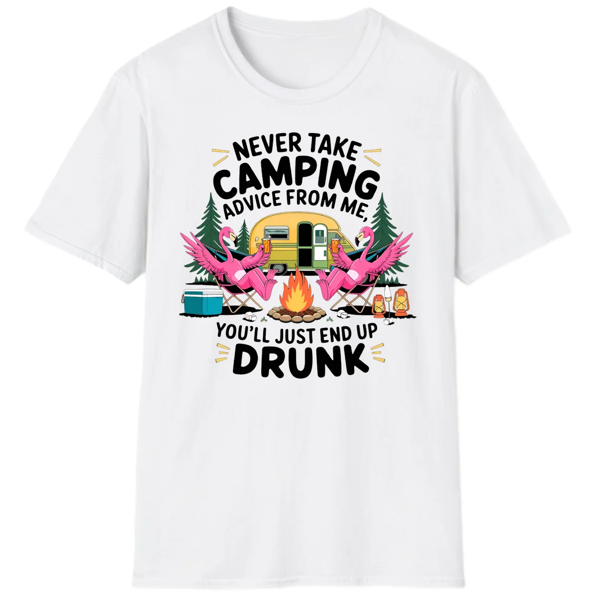 Humorous camping illustration with two pink flamingos drinking beer by a campfire next to a vintage trailer, warning never to take camping advice in White
