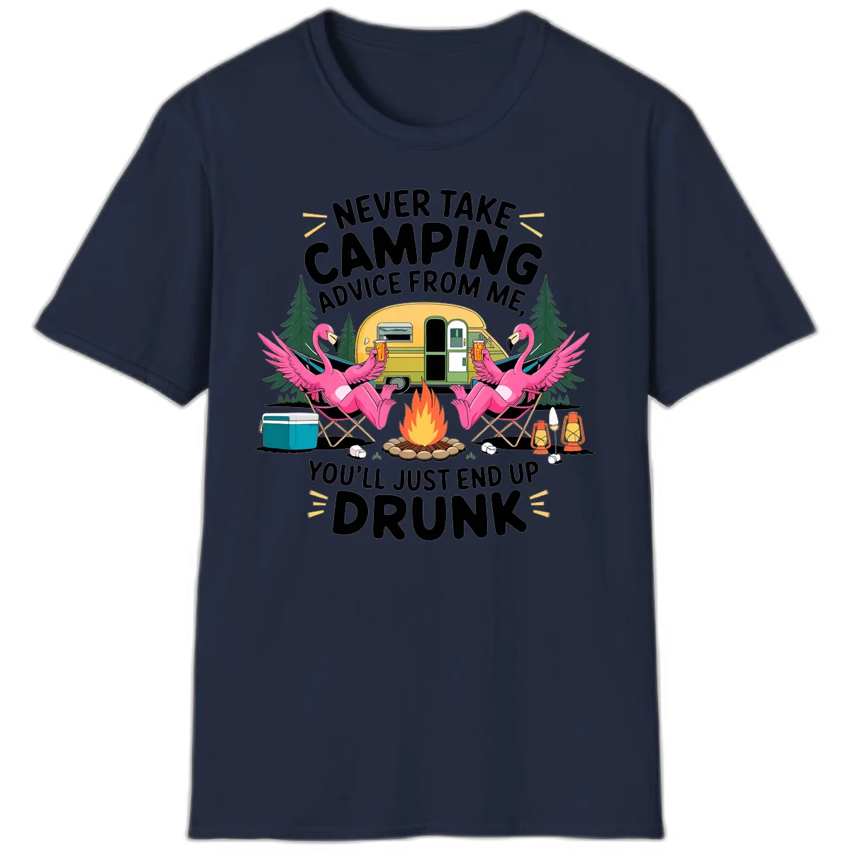 Humorous camping illustration with two pink flamingos drinking beer by a campfire next to a vintage trailer, warning never to take camping advice in Navy