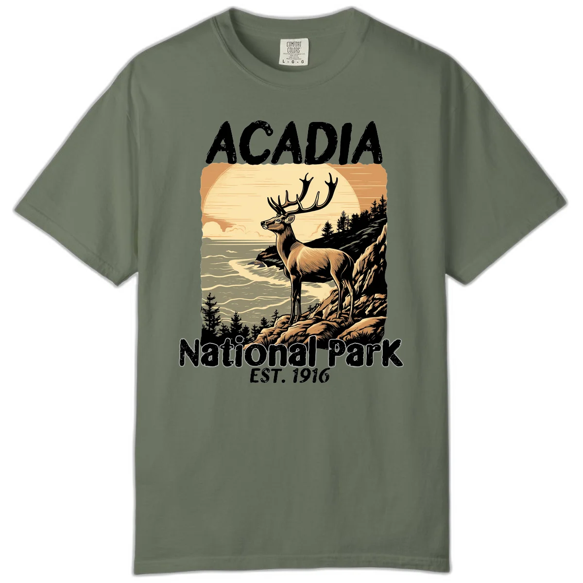 Vintage illustration of a deer with antlers standing on rocky cliffs overlooking Acadia National Park's ocean and forests at sunset in Moss