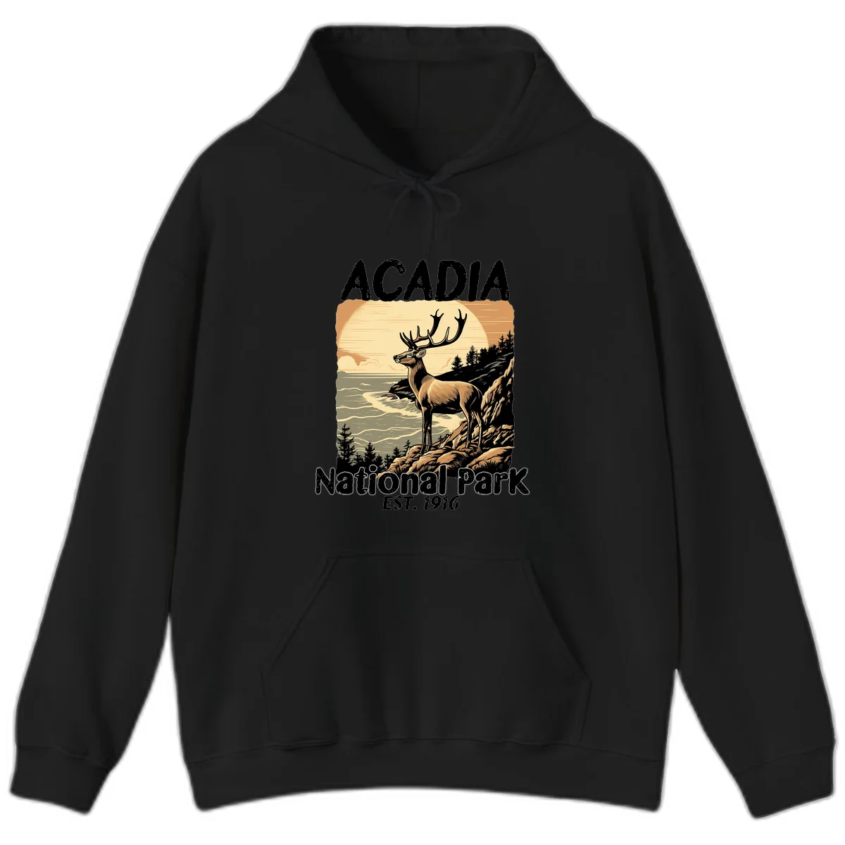 Vintage illustration of a deer with antlers standing on rocky cliffs overlooking Acadia National Park's ocean and forests at sunset in Black