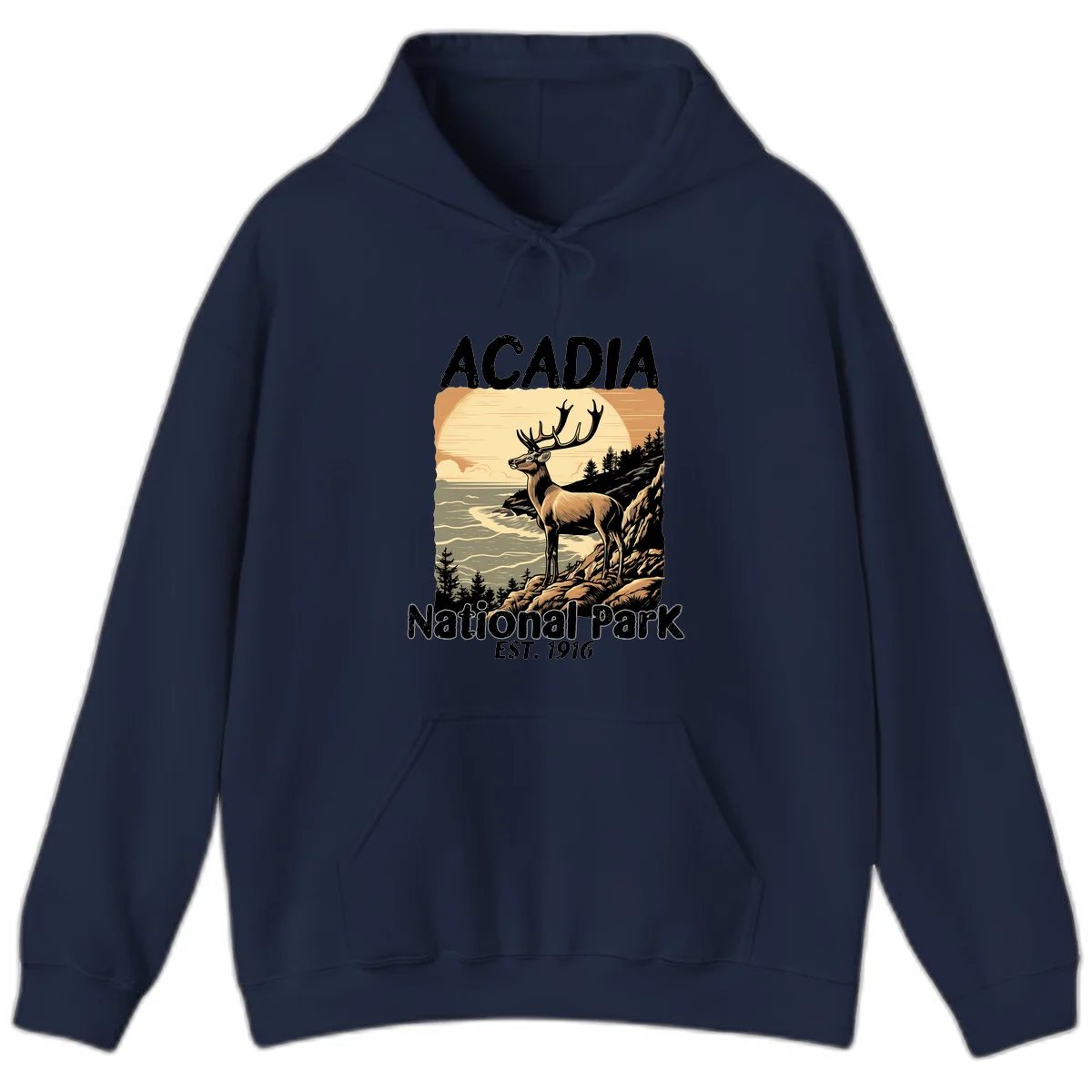 Vintage illustration of a deer with antlers standing on rocky cliffs overlooking Acadia National Park's ocean and forests at sunset in Navy