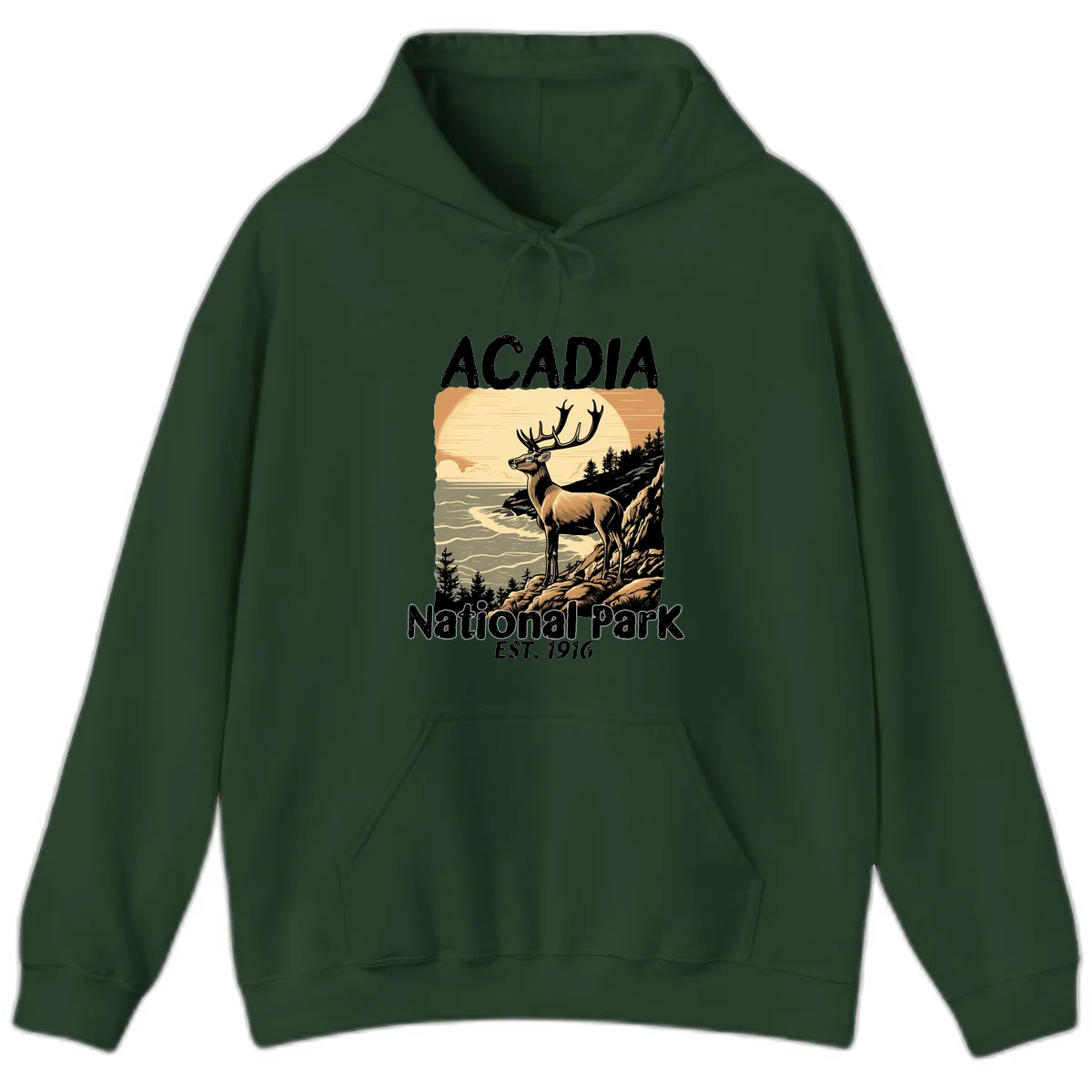 Vintage illustration of a deer with antlers standing on rocky cliffs overlooking Acadia National Park's ocean and forests at sunset in Forest Green