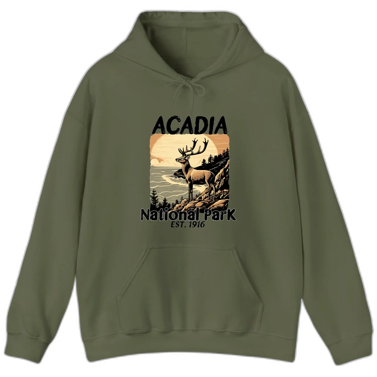 Vintage illustration of a deer with antlers standing on rocky cliffs overlooking Acadia National Park's ocean and forests at sunset in Military Green