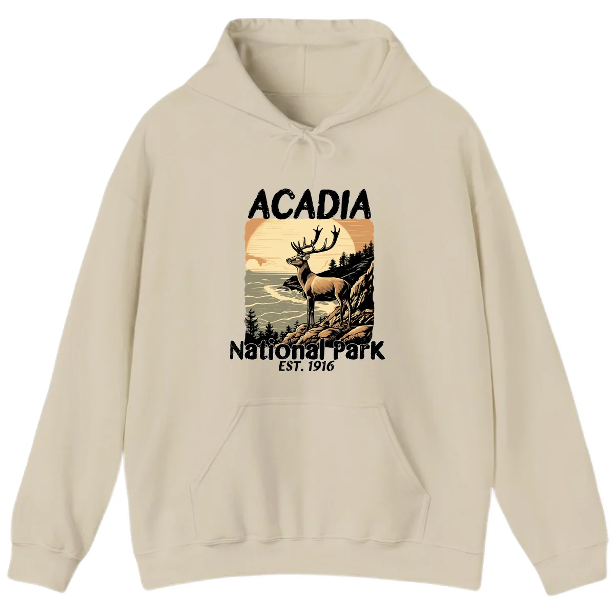 Vintage illustration of a deer with antlers standing on rocky cliffs overlooking Acadia National Park's ocean and forests at sunset in Sand