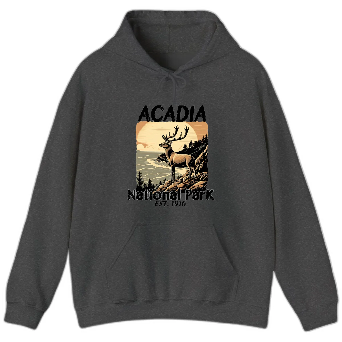 Vintage illustration of a deer with antlers standing on rocky cliffs overlooking Acadia National Park's ocean and forests at sunset in Dark Heather