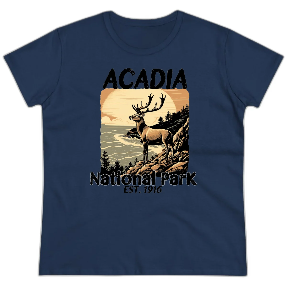 Vintage illustration of a deer with antlers standing on rocky cliffs overlooking Acadia National Park's ocean and forests at sunset in Navy