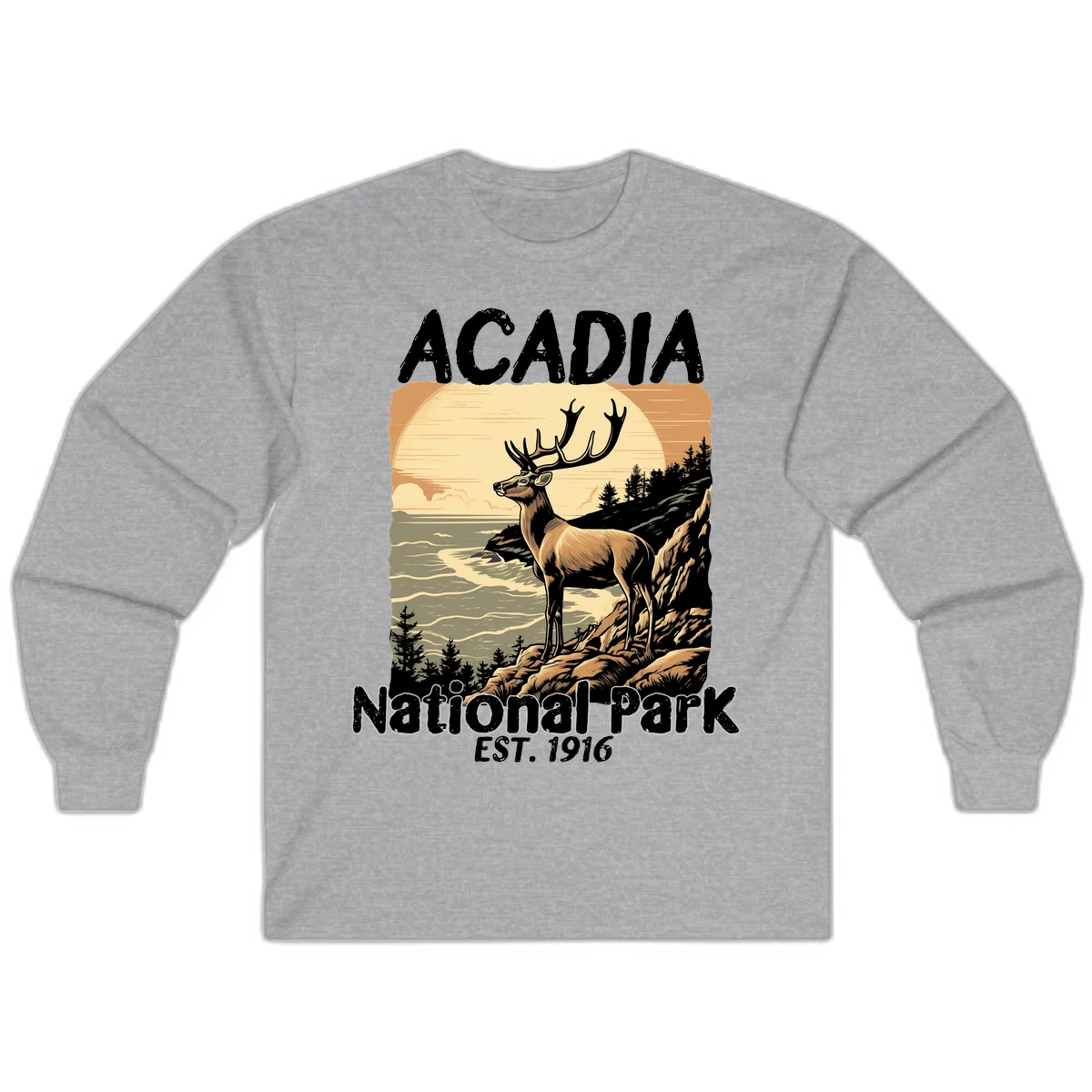 Vintage illustration of a deer with antlers standing on rocky cliffs overlooking Acadia National Park's ocean and forests at sunset in Sport Grey