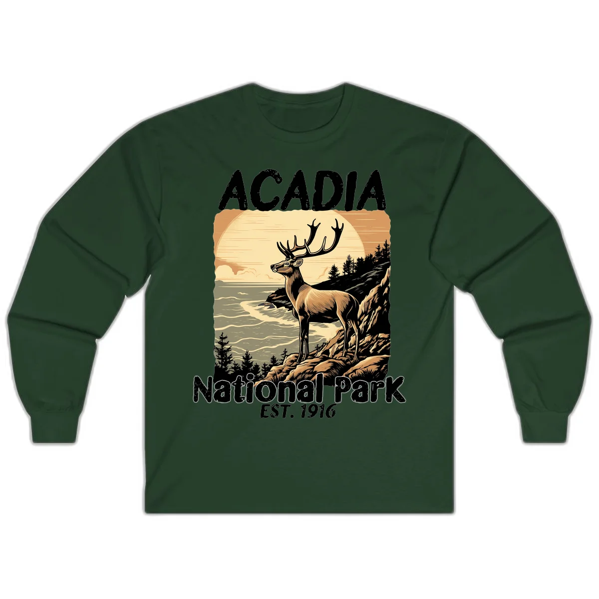 Vintage illustration of a deer with antlers standing on rocky cliffs overlooking Acadia National Park's ocean and forests at sunset in Forest Green