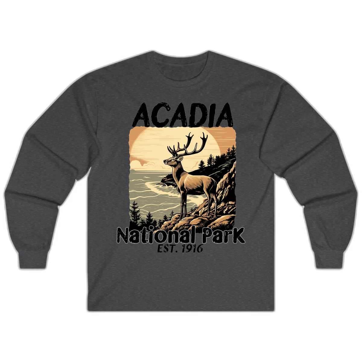 Vintage illustration of a deer with antlers standing on rocky cliffs overlooking Acadia National Park's ocean and forests at sunset in Dark Heather