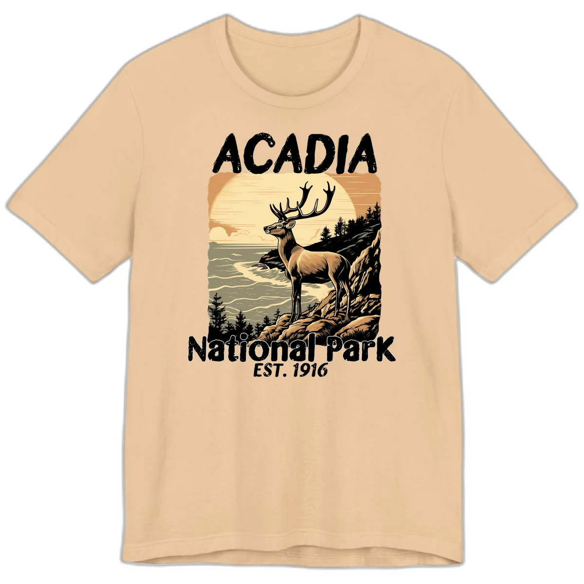 Vintage illustration of a deer with antlers standing on rocky cliffs overlooking Acadia National Park's ocean and forests at sunset in Sand Dune