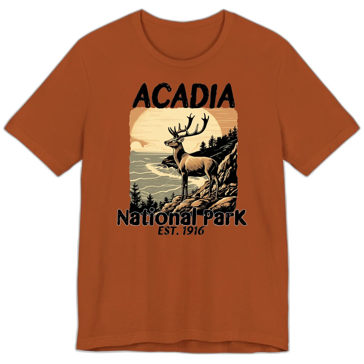 Vintage illustration of a deer with antlers standing on rocky cliffs overlooking Acadia National Park's ocean and forests at sunset in Autumn